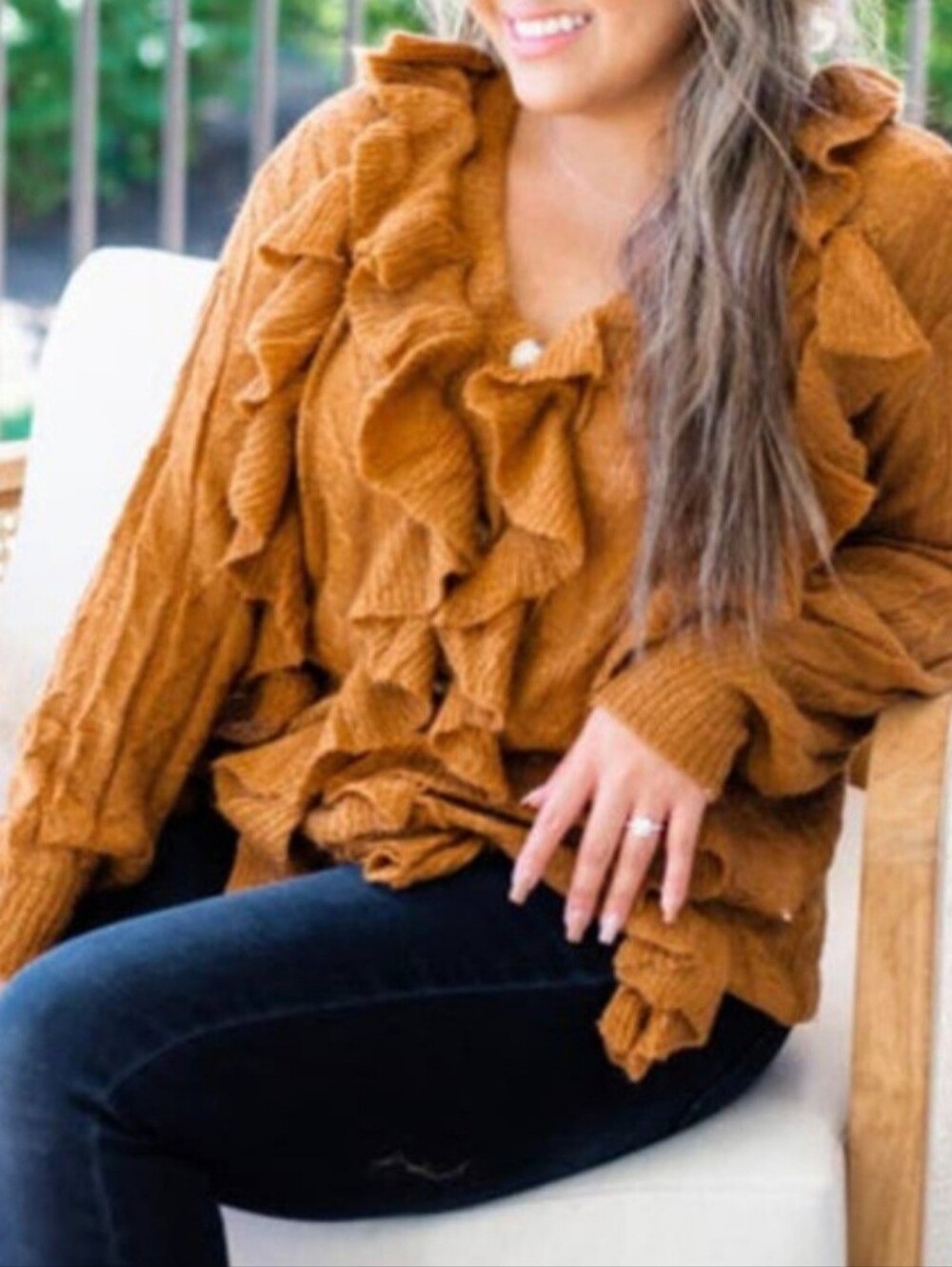 NWT BiBi Medium Ruffled V-Neck Cardigan in Caramel